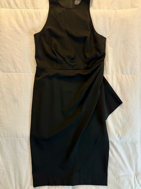 Vera Wang Black Sleeveless Midi Dress with Draped Side Detail